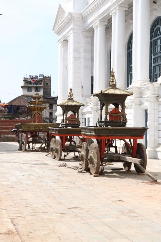 Three chariots pulled during Indra Jatra (Kumari Jatra) seen in Basantapur at rest, on Friday, September 21, 2018. Photo: Abhilekh Bhurtel